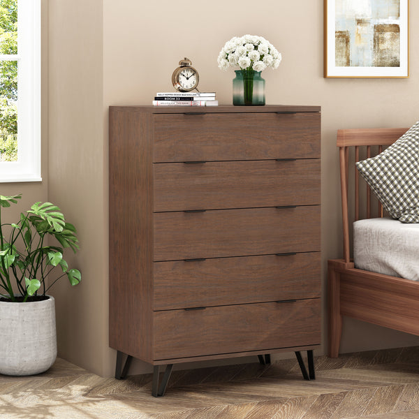 gdf studio Demijen Modern Industrial 5 Drawer Wide Dresser Walnut and Matte Black
