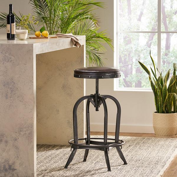 Gdf Studio Dempsey Padded Brown Leather Iron Adjustable Swivel Bar Stool