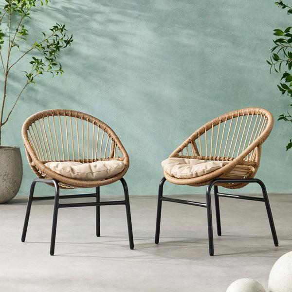 Gdf Studio Dero Outdoor Wicker Dining Chairs With Cushion Set Of 2 Light Brown And Beige