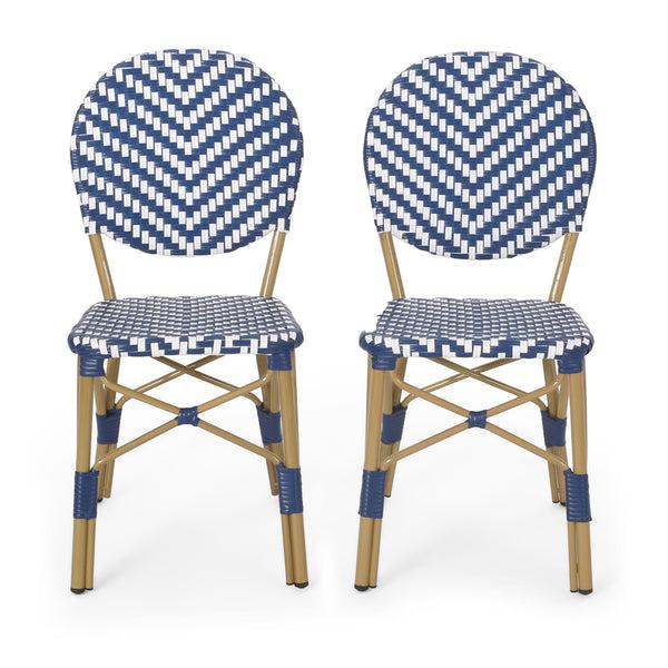 gdf studio Deshler Outdoor Aluminum French Bistro Chairs Set of 2 Navy Blue White and Bamboo Finish