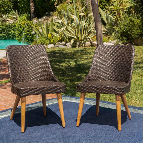 Gdf Studio Desmond Outdoor Wicker Dining Chairs With Wood Finished Metal Legs (Set Of 2)