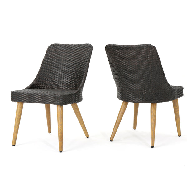 gdf studio Desmond Outdoor Wicker Dining Chairs with Wood Finished Metal Legs (Set of 2)
