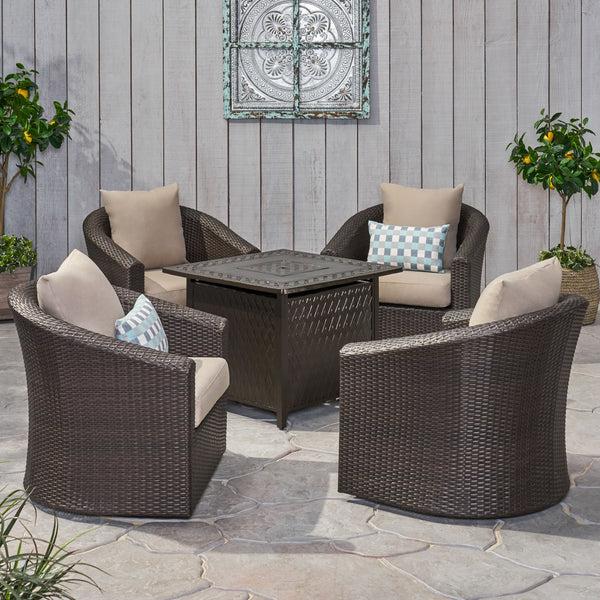 Gdf Studio Dillard Outdoor 4 Seater Wicker Swivel Chair And Fire Pit Set