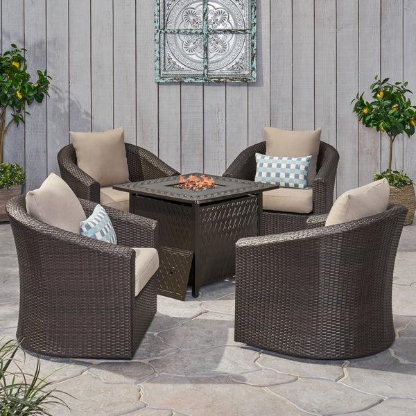 Gdf Studio Dillard Outdoor 4 Seater Wicker Swivel Chair And Fire Pit Set
