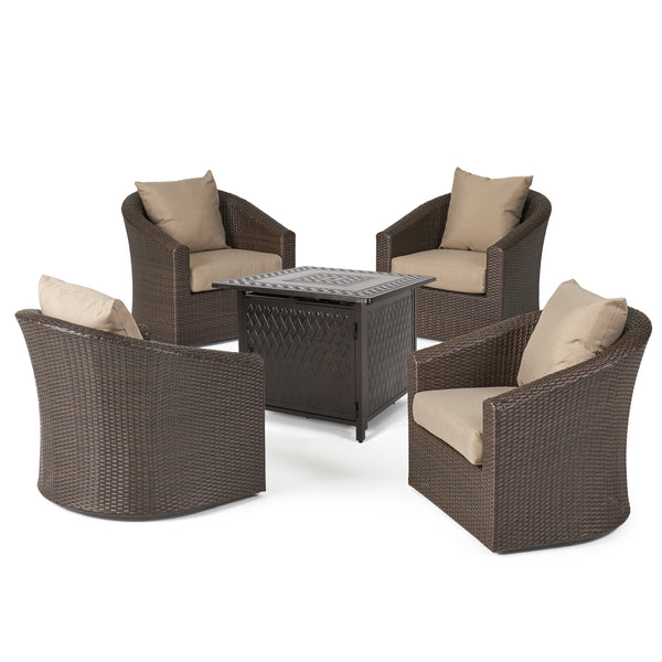gdf studio Dillard Outdoor 4 Seater Wicker Swivel Chair and Fire Pit Set