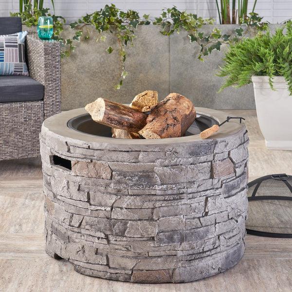 Gdf Studio Dione Outdoor 32-inch Wood Burning Light-Weight Concrete Round Fire Pit Grey