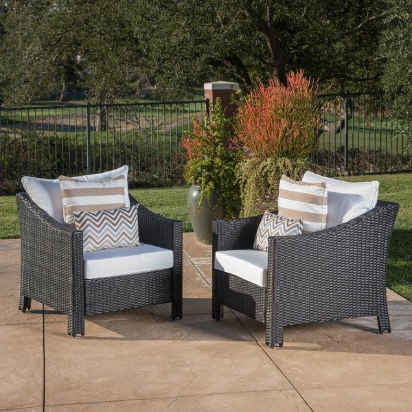 Gdf Studio Dione Outdoor Black Wicker Club Chairs With White Water Resistant Cushions