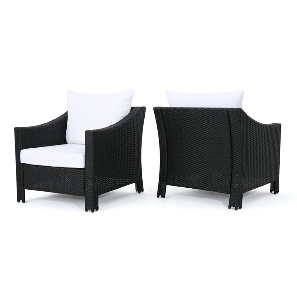 gdf studio Dione Outdoor Black Wicker Club Chairs with White Water Resistant Cushions