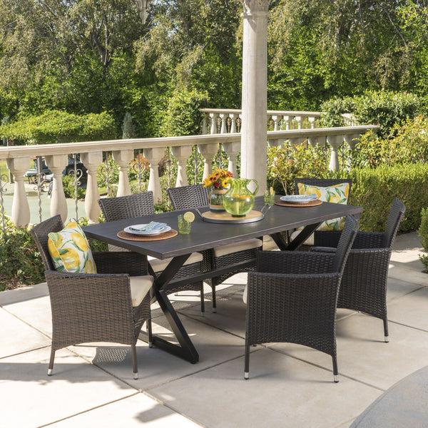 Gdf Studio Dionlynn Outdoor 7 Piece Aluminum Dining Set With Wicker Dining Chairs