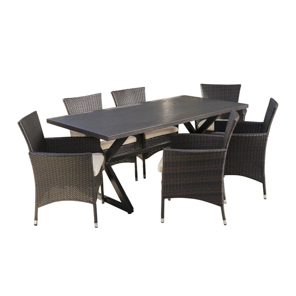 gdf studio Dionlynn Outdoor 7 Piece Aluminum Dining Set with Wicker Dining Chairs
