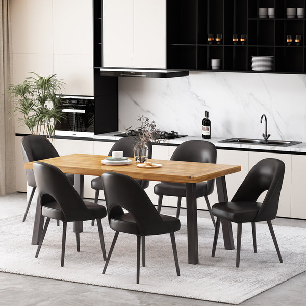 Gdf Studio Divo Modern Industrial Faux Leather Upholstered Iron And Wood 7 Piece Dining Set Natural Rustic Metal And Midnight Black