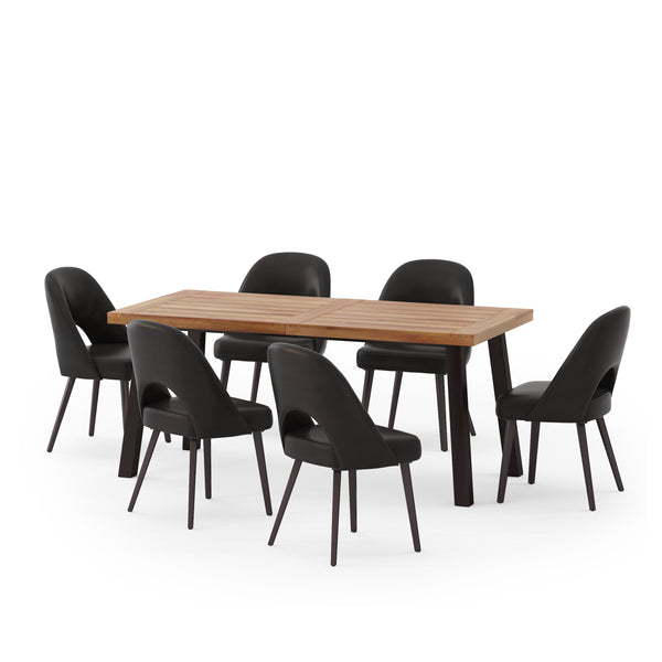 gdf studio Divo Modern Industrial Faux Leather Upholstered Iron and Wood 7 Piece Dining Set Natural Rustic Metal and Midnight Black