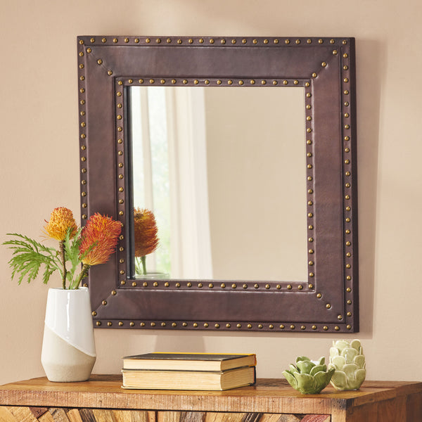 Gdf Studio Dodds Handcrafted Boho Studded Leather Square Wall Mirror