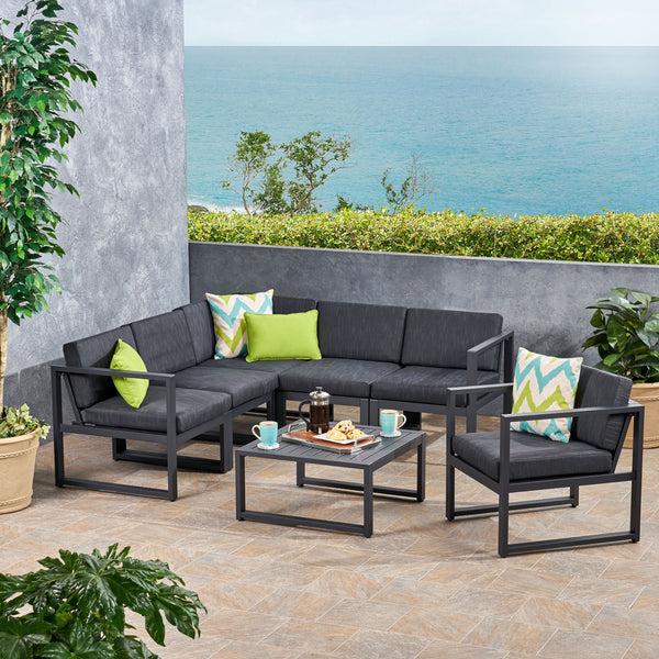 Gdf Studio Dolan Outdoor Aluminum 6 Seater Sofa Set Black And Dark Gray