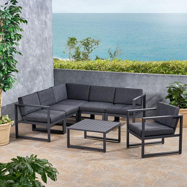 Gdf Studio Dolan Outdoor Aluminum 6 Seater Sofa Set Black And Dark Gray