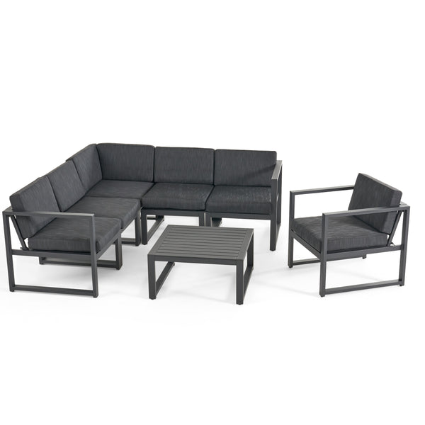gdf studio Dolan Outdoor Aluminum 6 Seater Sofa Set Black and Dark Gray