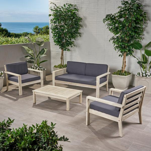 Gdf Studio Dominic Outdoor 4 Seater Acacia Wood Chat Set With Cushions