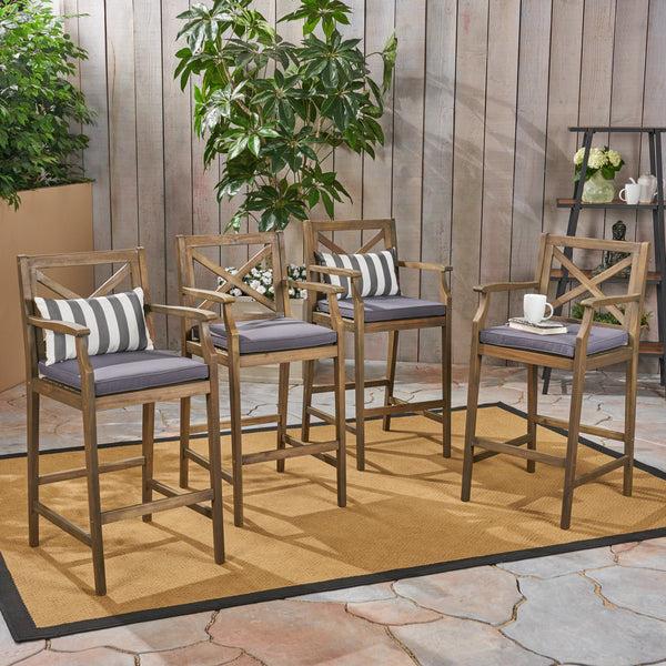 Gdf Studio Doric Outdoor Rustic Acacia Wood Barstools With Cushions (Set Of 4)