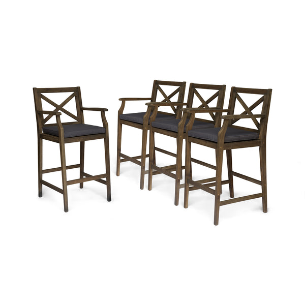 gdf studio Doric Outdoor Rustic Acacia Wood Barstools with Cushions (Set of 4)