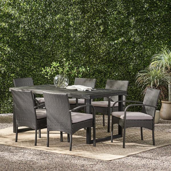 Gdf Studio Doris Outdoor 6-Seater Acacia Wood Dining Set With Wicker Chairs