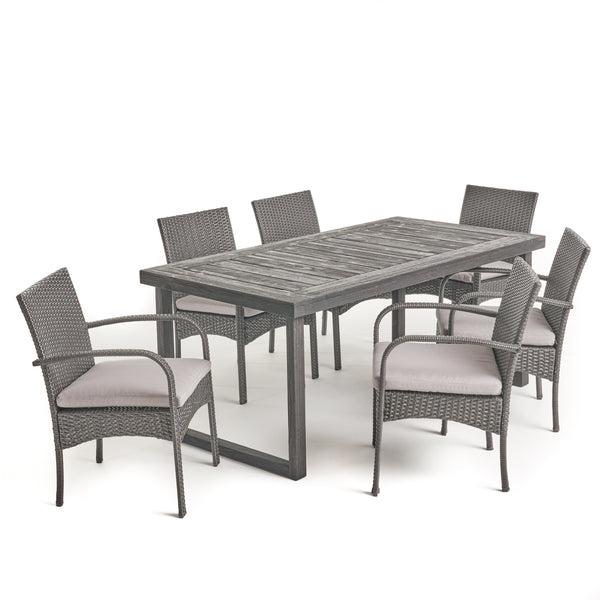 gdf studio Doris Outdoor 6-Seater Acacia Wood Dining Set with Wicker Chairs