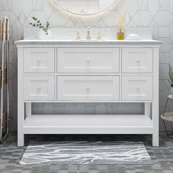 Gdf Studio Douvier Contemporary 48" Wood Single Sink Bathroom Vanity With Marble Counter Top With Carrara White Marble