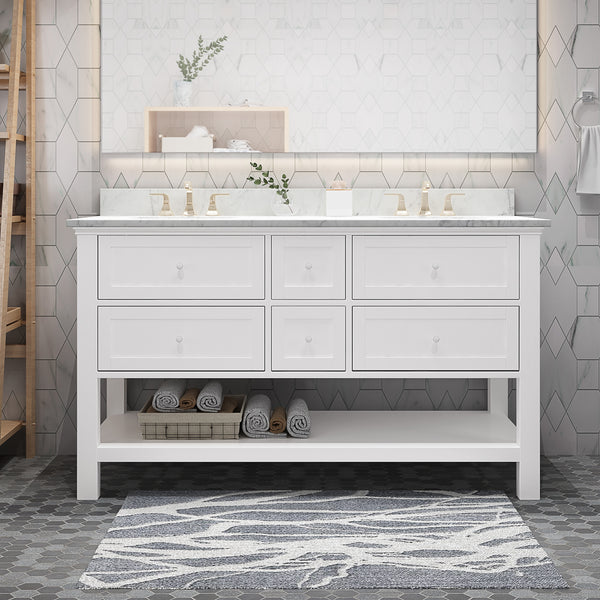 Gdf Studio Douvier Contemporary 60" Wood Double Sink Bathroom Vanity With Marble Counter Top With Carrara White Marble