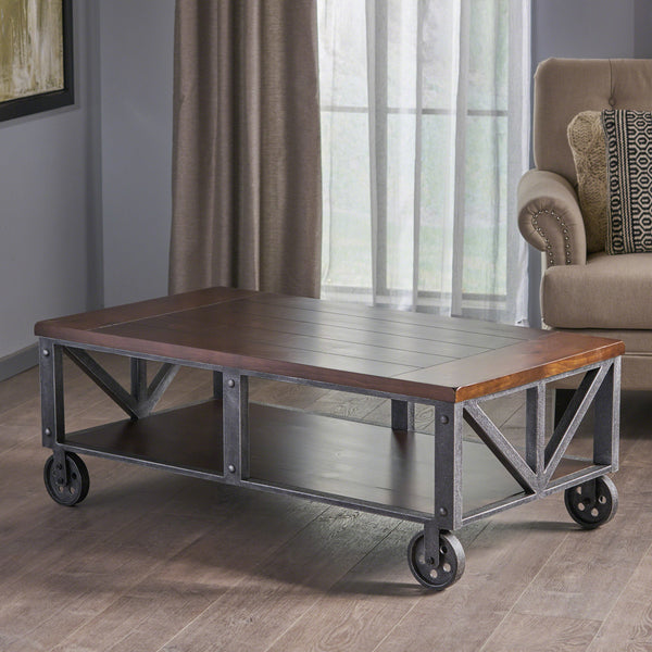 Gdf Studio Dresden Industrial Faux Wood Coffee Table With Antique Black Iron Frame