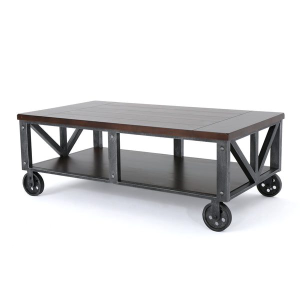 gdf studio Dresden Industrial Faux Wood Coffee Table with Antique Black Iron Frame