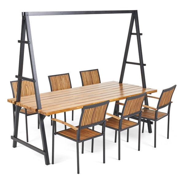 Gdf Studio Durban Outdoor 6 Seater Acacia Wood And Iron Planter Dining Set