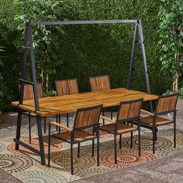 Gdf Studio Durban Outdoor 6 Seater Acacia Wood And Iron Planter Dining Set