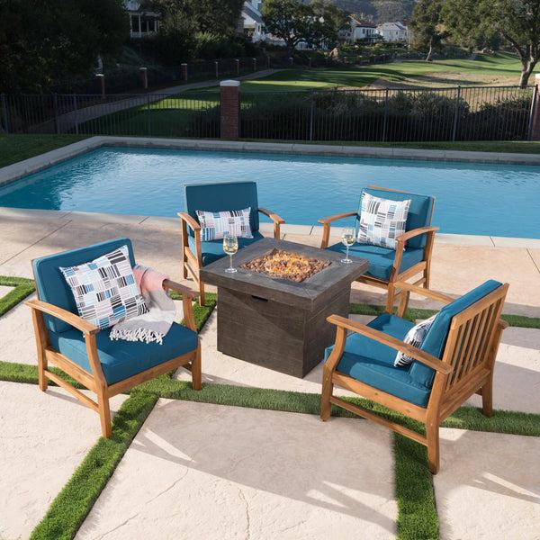 Gdf Studio Easter Outdoor 4 Seat Teak Finished Acacia Wood Club Chairs Fire Pit Chat Set