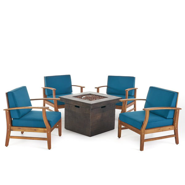 gdf studio Easter Outdoor 4 Seat Teak Finished Acacia Wood Club Chairs Fire Pit Chat Set