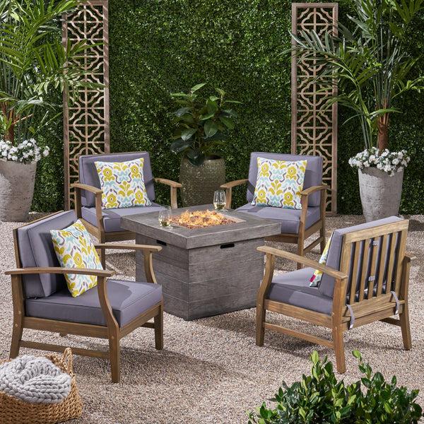 Gdf Studio Easter Outdoor 5 Piece Acacia Wood Club Chair And Fire Pit Set Gray Finish And Gray