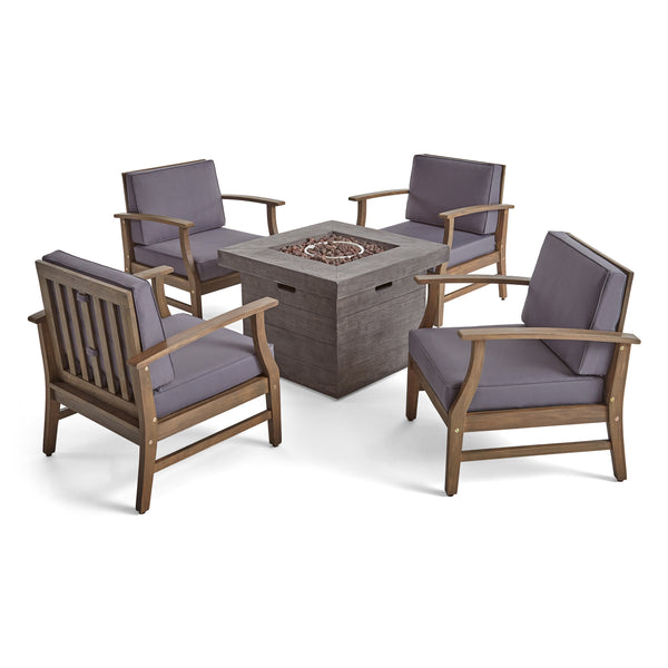 gdf studio Easter Outdoor 5 Piece Acacia Wood Club Chair and Fire Pit Set Gray Finish and Gray