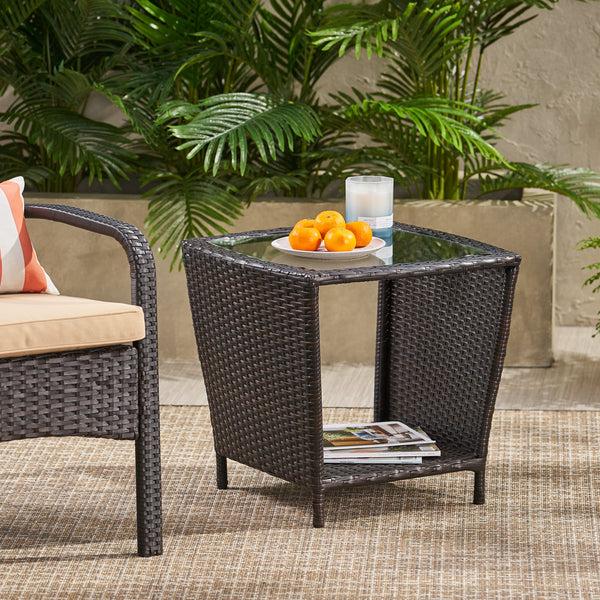 Gdf Studio Easton Modern Outdoor Brown Wicker Side Table With Tempered Glass Top