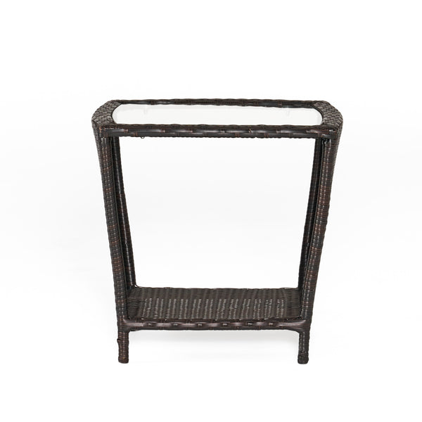 gdf studio Easton Modern Outdoor Brown Wicker Side Table with Tempered Glass Top