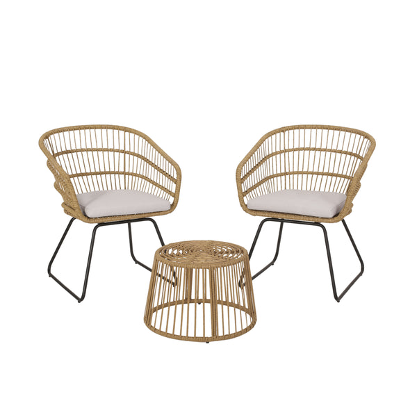 gdf studio Edson Outdoor Wicker 2 Seater Chat Set with Cushion Light Brown Beige and Black