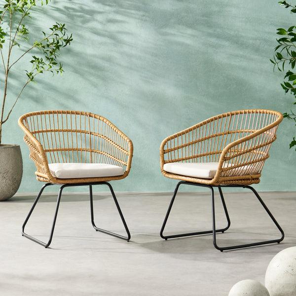 Gdf Studio Edson Outdoor Wicker Dining Chairs With Cushion Set Of 2 Light Brown Beige And Black