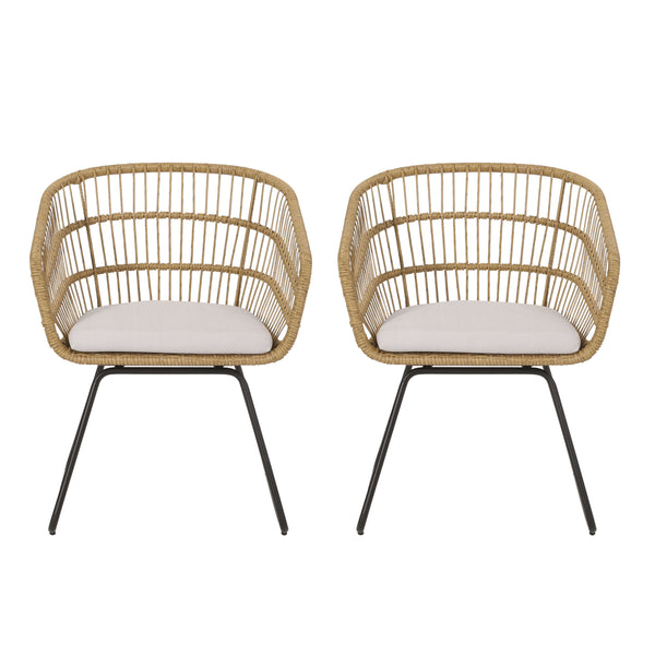 gdf studio Edson Outdoor Wicker Dining Chairs with Cushion Set of 2 Light Brown Beige and Black
