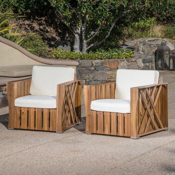 Gdf Studio Edward Outdoor Acacia Wood Club Chairs With Water Resistant Cushions (Set Of 2)