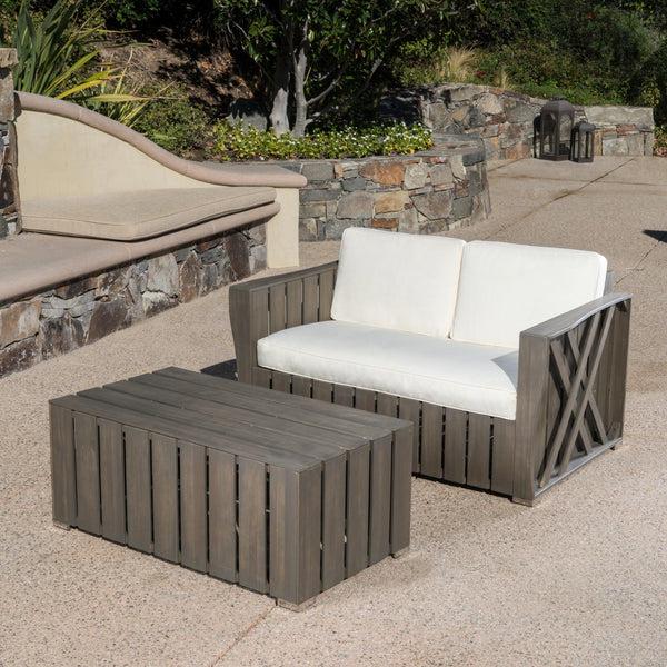 Gdf Studio Edward Outdoor Acacia Wood Loveseat And Coffee Table Set With Cushions