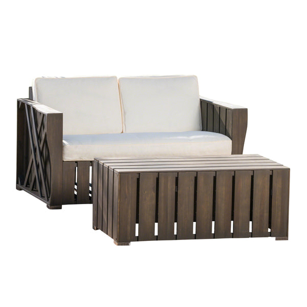 gdf studio Edward Outdoor Acacia Wood Loveseat and Coffee Table Set with Cushions