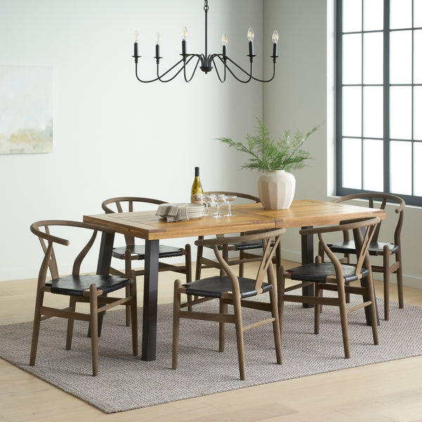 gdf studio Egan Farmhouse Acacia Wood and Faux Leather 7 Piece Dining Set