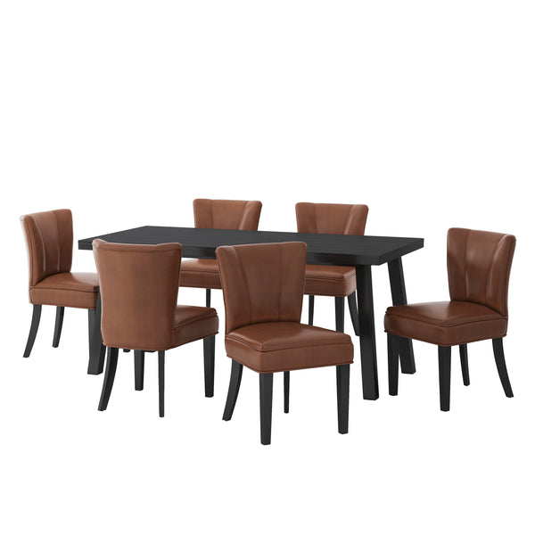 gdf studio Eiden Modern Industrial Faux Leather and Acacia Wood 7 Piece Dining Set Cognac Brown and Black