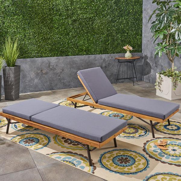 Gdf Studio Eileen Outdoor Chaise Lounges Acacia Wood And Eucalyptus Outdoor Cushions Teak Rustic Metal Dark Gray (Set Of 2)