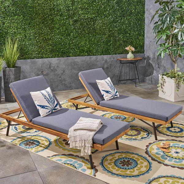 Gdf Studio Eileen Outdoor Chaise Lounges Acacia Wood And Eucalyptus Outdoor Cushions Teak Rustic Metal Dark Gray (Set Of 2)