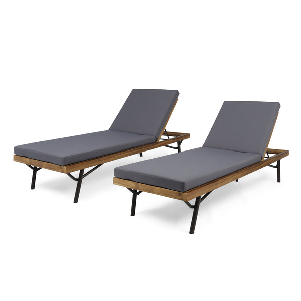 gdf studio Eileen Outdoor Chaise Lounges Acacia Wood and Eucalyptus Outdoor Cushions Teak Rustic Metal Dark Gray (Set of 2)