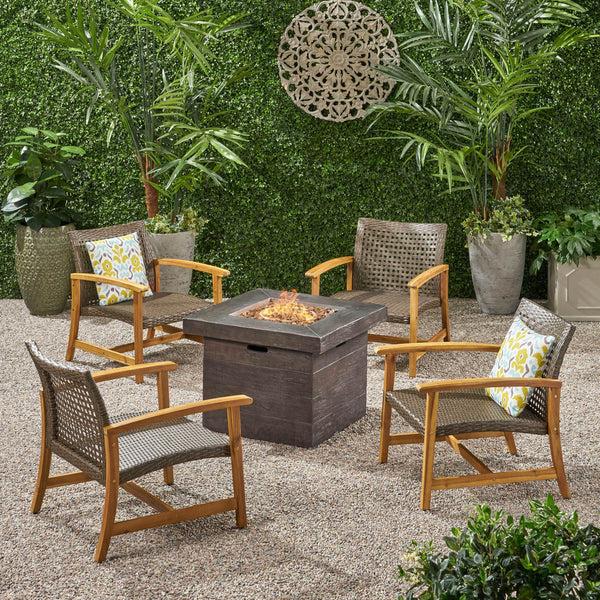 Gdf Studio Eleanor Outdoor 5 Piece Wood And Wicker Club Chairs And Fire Pit Set