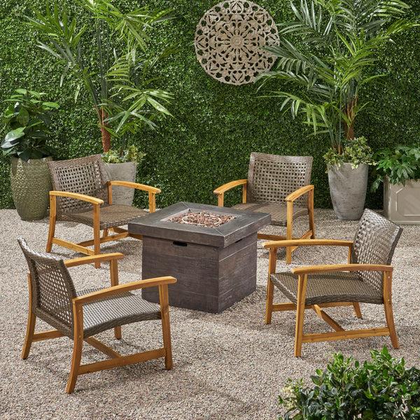 Gdf Studio Eleanor Outdoor 5 Piece Wood And Wicker Club Chairs And Fire Pit Set